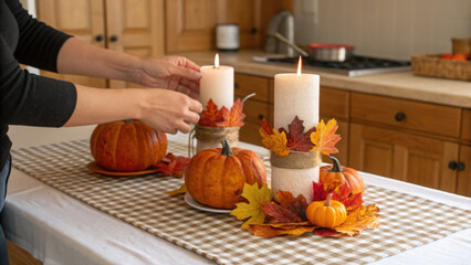 Creating cozy autumn atmosphere, hands arrange decorative candle holders with vibrant fall leaves and pumpkins on rustic kitchen counter