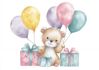 Adorable Teddy Bear with Pastel Balloons and Gifts