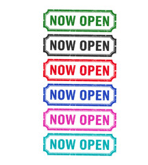 Assortment of now open signs in various colors isolated on transparent background