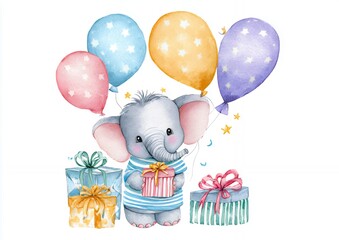 Adorable Watercolor Baby Elephant with Balloons and Gifts
