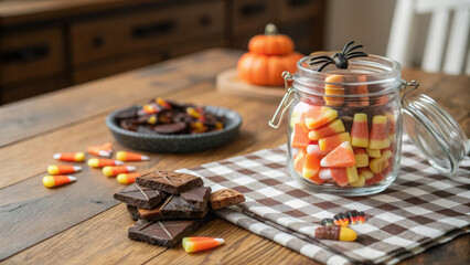 Halloween treats in glass jar create festive atmosphere on rustic kitchen table, surrounded by chocolate snacks and decorative elements, evoking sense of joy and celebration