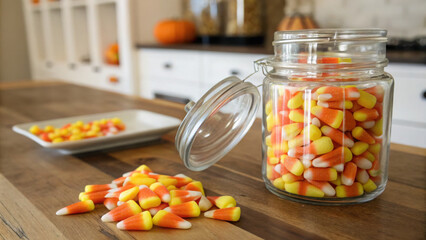 Filling glass jar with colorful candy corn creates festive atmosphere in neutral kitchen, perfect for autumn celebrations and gatherings