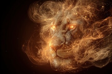 A lions head is engulfed in golden light and energy swirls on a dark background The lions eyes glow brightly