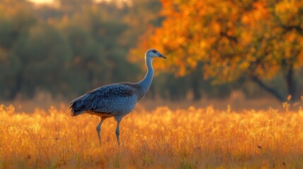 Obraz premium Crane walks golden field, autumn sun