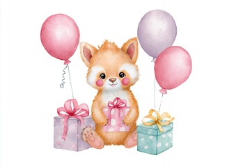Adorable Watercolor Fox with Balloons and Gifts