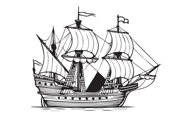 Traditional Indonesian Pinisi boat drawn in monochrome vector style with thick black outlines, capturing the elegance of seafaring history and wooden ship craftsmanship.

