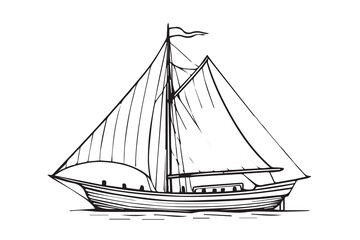 A black and white vector illustration of a traditional Pinisi boat with bold black outlines, showcasing Indonesian maritime heritage in a clean, classic artistic style.