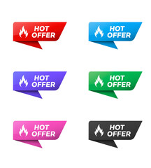 Collection of six colorful hot offer labels isolated on transparent background