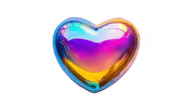 A shining heart-shaped object displays a spectrum of vibrant colors under well-lit conditions, captivating attention