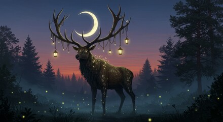 A towering elk stands in a twilight forest clearing, its antlers reaching up to cradle a glowing crescent moon