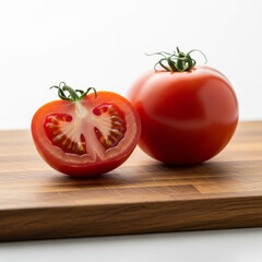 Illustration of fresh tomato and a half on a wooden board isolated on white background