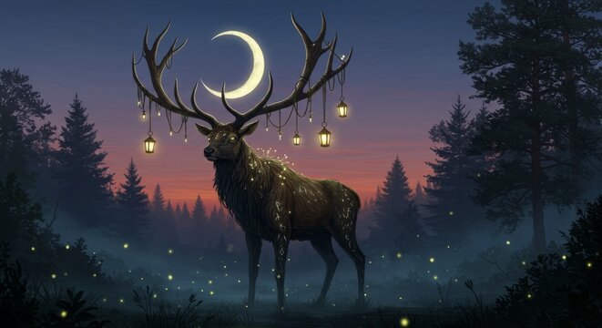 A towering elk stands in a twilight forest clearing, its antlers reaching up to cradle a glowing crescent moon