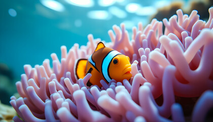 Soft sunlight illuminates the clownfish in a dreamy marine scene.