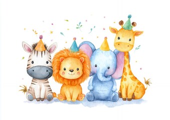 Naklejka premium Adorable Watercolor Illustration of Cute Zebra Lion Elephant and Giraffe Wearing Party Hats