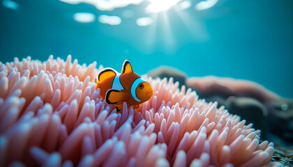 Clear water and flowing anemone frame this vibrant clownfish.