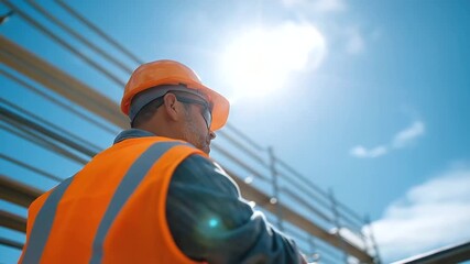 Workers efficiently erecting steel scaffolding under clear blue skies.