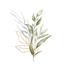 Elegant green leaves with white veins and gold edges form a balanced, nature-inspired layout, their varied shapes evoke harmony and organic rhythm