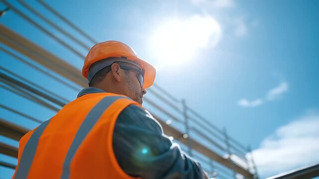 Workers efficiently erecting steel scaffolding under clear blue skies.