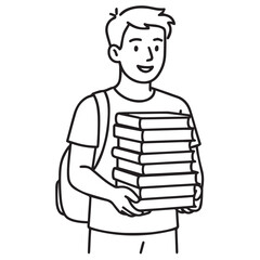 A black and white vector of a young man carrying a stack of books, outlined in bold black lines, symbolizing education, focus, and academic determination.

