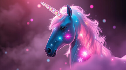 A vibrant unicorn with a rainbow mane and tail stands on colorful clouds.