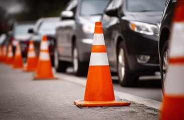 Orange-White Chevron Safety Cones with Metal Feet Blocking Angled Parking During Urban Construction