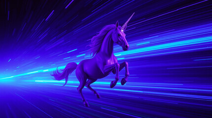 A vibrant unicorn with a rainbow mane and tail stands on colorful clouds.