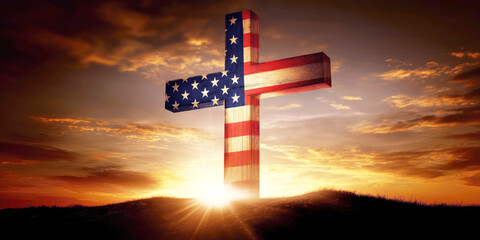 cross with American flag of USA on top of mountain at grave of the patriots at sunrise. Memorial Day for Veterans of the War in America