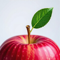 Illustration of close up of a red apple with a green leaf isolated on white background