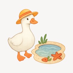 Cute duckling by pond illustration.