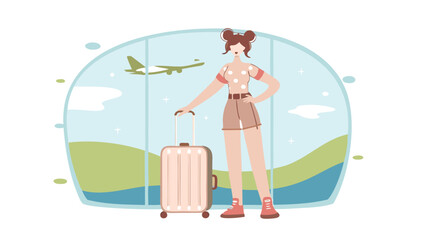 Woman with suitcase stands near window at airport with plane visible outside for travel adventure trip © Mambo_VG