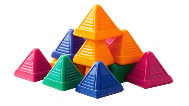 Brightly colored plastic pyramids are artfully arranged, encouraging imaginative play and early learning skills