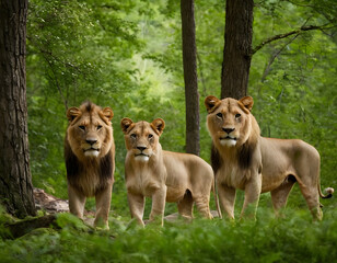 A pair of lions with their cute babies is nestled between trees in a thick forest during the summer.