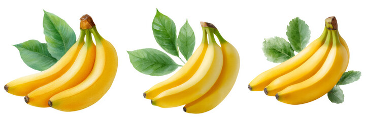 Bedtime calm routine for kids clipart, Three bunches of fresh, ripe bananas accompanied by green leaves, showcasing their vibrant yellow color and natural appeal.