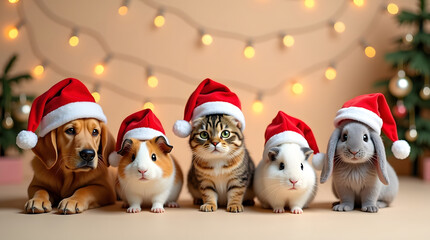 A dog, cat, two guinea pigs, and a rabbit all wearing Santa hats in front of a Christmas tree and lights. Holiday pets.