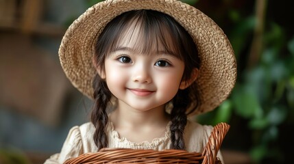Cute girl in straw hat with basket