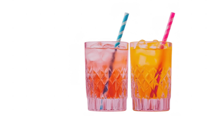 Two vibrant drinks with ice and colorful straws are ready to be enjoyed, perfect for a sunny summer day