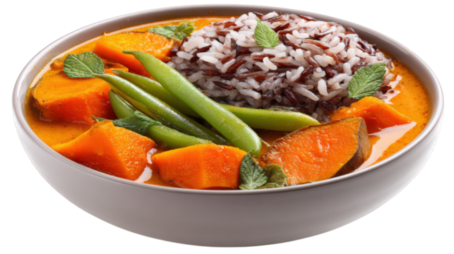 Vegetable curry with brown rice, green beans, pumpkin, and fresh mint in white bowl, healthy vegetarian meal with vibrant colors and appetizing presentation