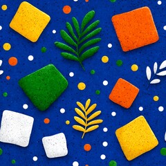 Colorful Abstract Geometric Pattern with Tropical Leaves on Blue Textured Background