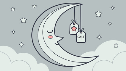 Obraz premium Whimsical crescent moon with sale tags and stars in a dreamy night sky illustration