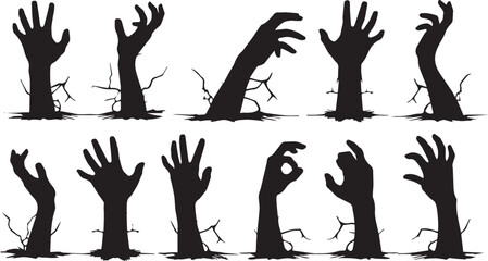 Collection of Zombie Hands Rising Silhouette Collection Creepy Graveyard Horror Art
