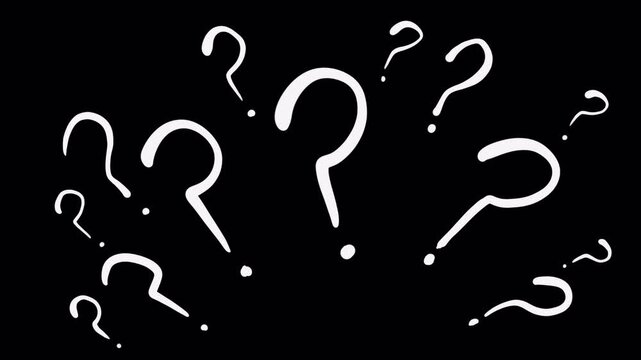 Dynamic animation of question marks on a black background.