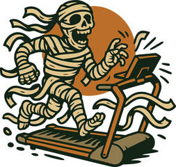 Fototapeta premium Cartoon mummy running on treadmill while unraveling