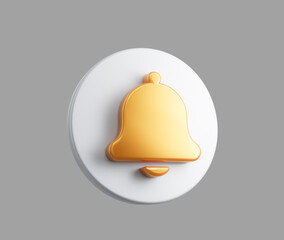 3D White and Golden bell button icon for notifications and updates. 3d illustration