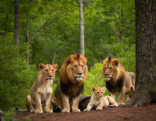 A pair of lions with their cute babies is nestled between trees in a thick forest during the summer, near a lake.