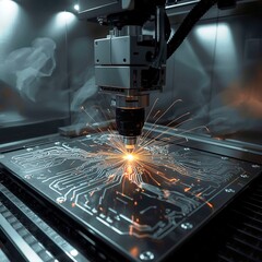 High precision AI laser engraving station cutting circuit patterns onto metal substrate under clean industrial lighting without human presence