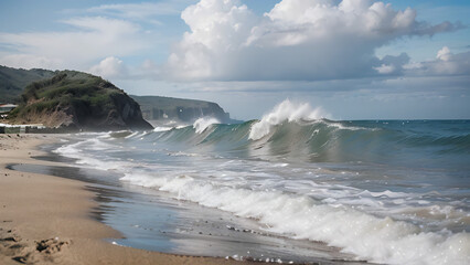 Powerful turquoise waves with white seafoam crashing on a sandy beach along a rugged coastline.