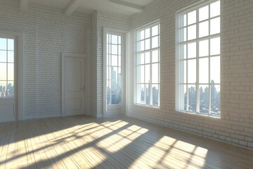 Obraz premium Bright empty room with large windows and city view