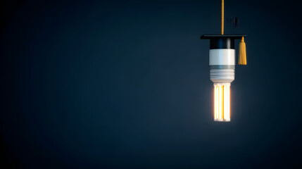 Graduation Cap Light Bulb on Dark Blue Background – Symbol of Education and Academic Inspiration

