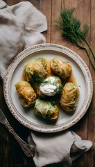 Top-down view of a plate with cabbage rolls, dill & sour cream