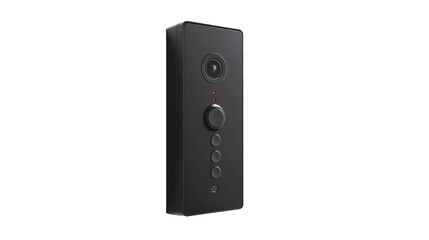Obraz premium A sleek black security camera on the wall has buttons and LED lights for user interaction